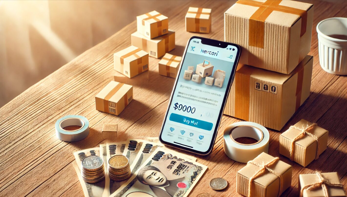 スマートフォンでメルカリを操作しながら、段ボールや梱包資材、日本円が並ぶデスク上の風景。フリマアプリでの物販やせどりを象徴するイメージ。
