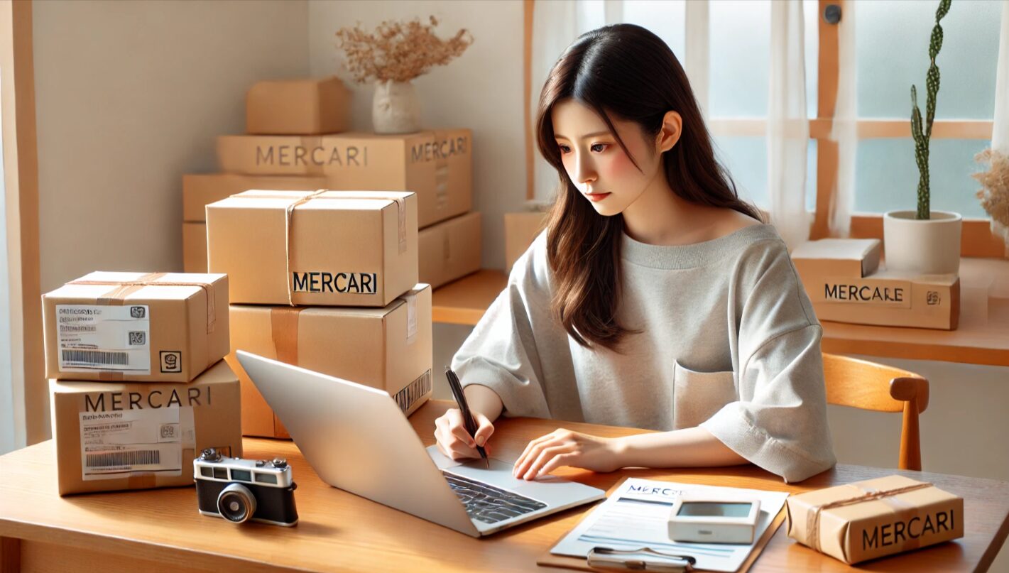 日本人女性がメルカリでの物販作業を自宅で行っている様子。パソコンと荷物に囲まれ、副業としてのせどりを始めた雰囲気を表現。