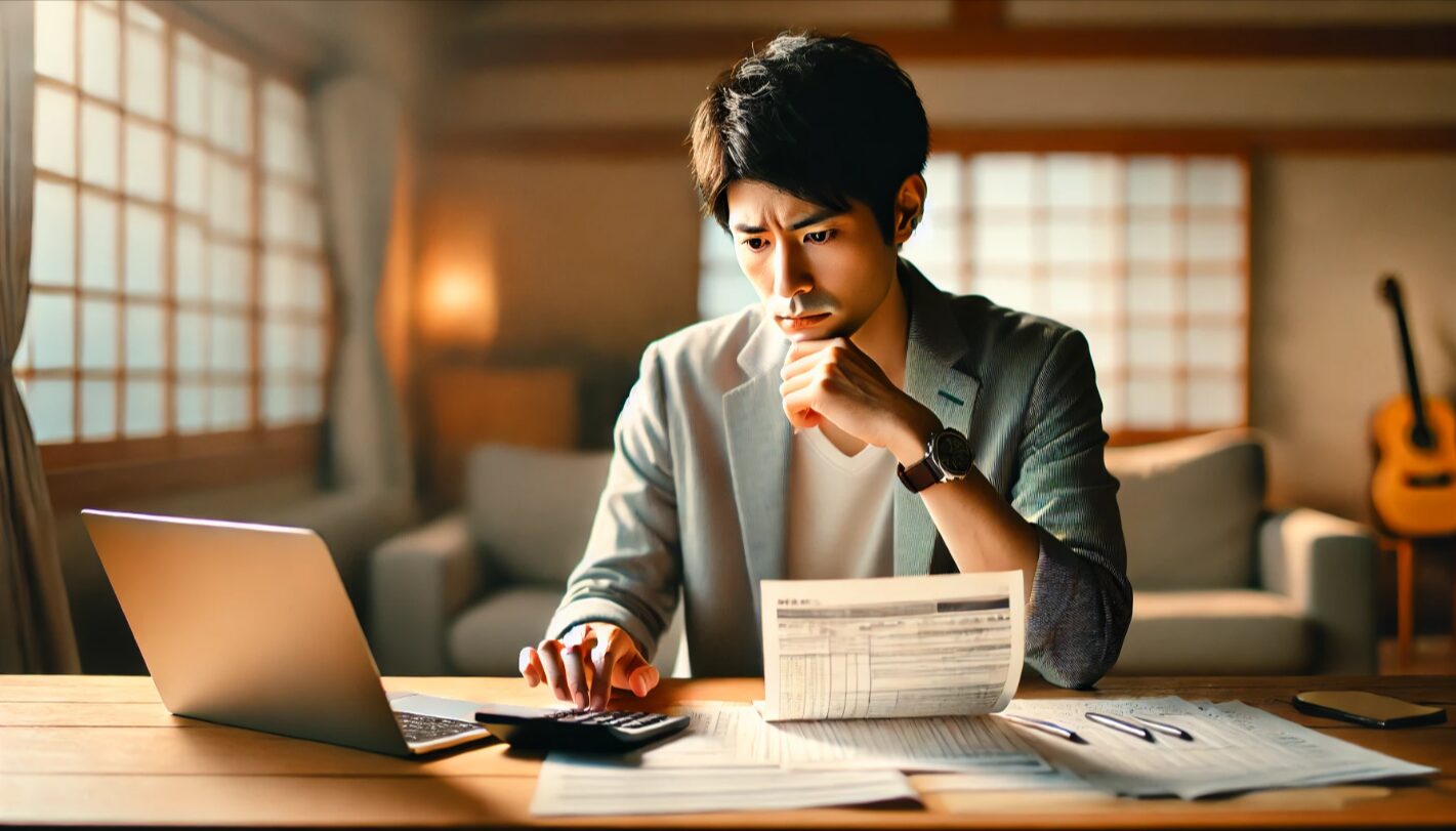 日本人男性が電卓と書類に集中しながら確定申告の準備をしている場面。税務署への申告義務や副業収入管理の重要性を示す。