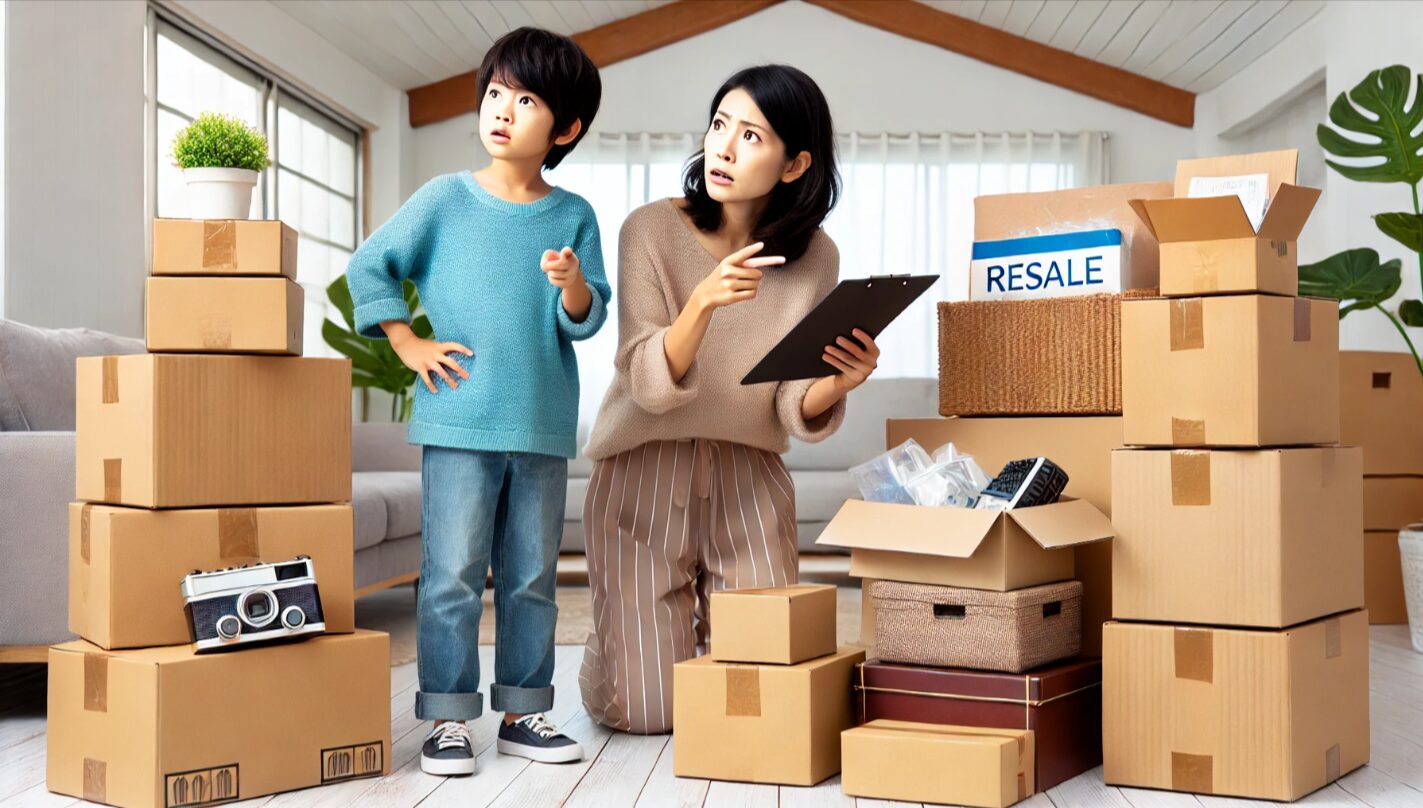 家の玄関やリビングにせどり用の段ボールが積まれ、日本人家族が驚いた様子で見つめている光景。副業が家族にバレる典型例。