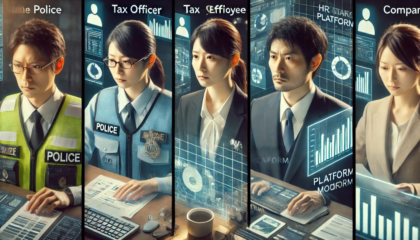 警察官、税務署員、会社の人事担当、メルカリ運営スタッフを象徴する4人の日本人専門職が分割画面に登場。副業がバレる調査ルートを視覚的に表現。