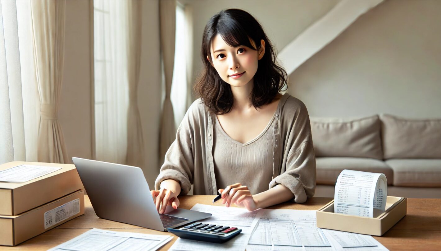 日本人フリーランス女性が確定申告のためにレシートや書類を整理しながらパソコン入力を行う様子。税務署への正しい対策を象徴。