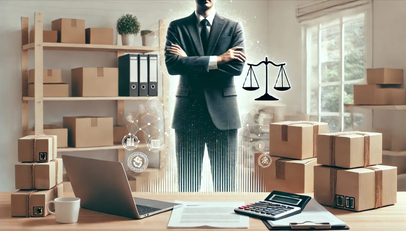 明るい部屋で日本人の個人事業主が自信を持って立ち、整然とした作業環境に税関連資料や梱包資材が配置されている。合法的な副業の安心感を示す。