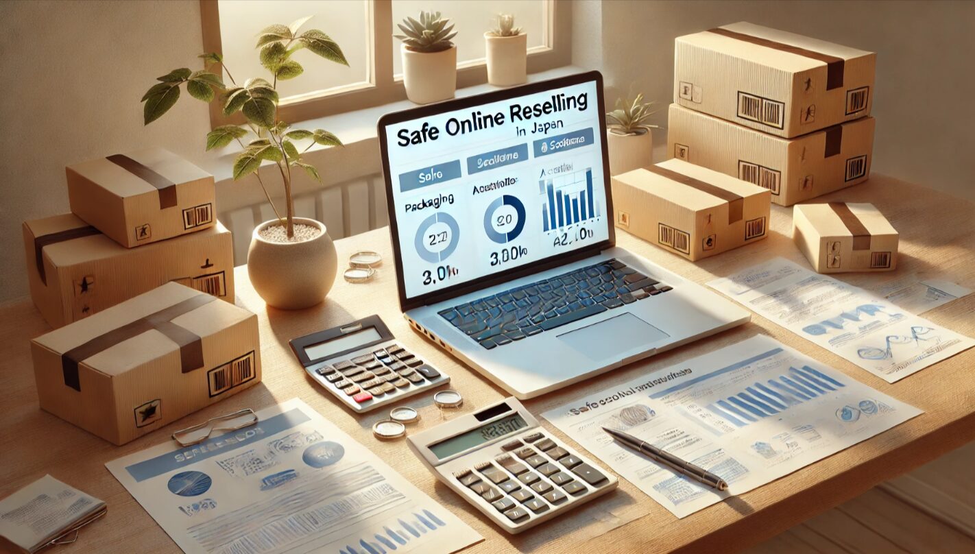 副業で稼ぐ日本人が清潔な作業環境で自信を持って立つ姿。正しい知識と準備でリスクを回避し、安全にメルカリせどりを行う象徴。